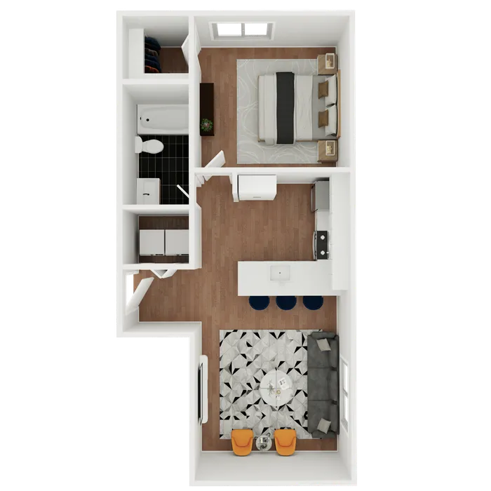 Modern 1-bedroom apartment floor plan showcasing an open-concept living area, stylish kitchen with island seating, and a sleek bathroom.