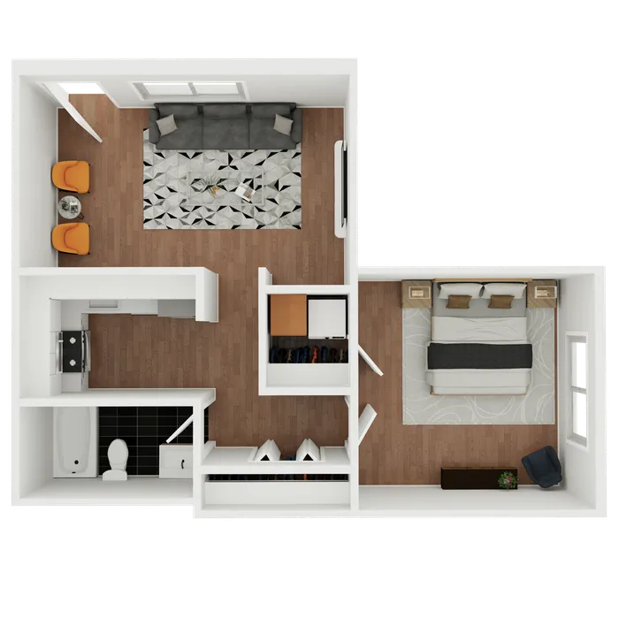 Modern floor plan showcasing a spacious one-bedroom apartment with a cozy living room, sleek kitchen, and a stylish bathroom.