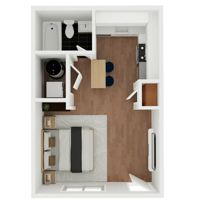 Modern 1-bedroom apartment floor plan featuring an integrated kitchen and dining area, stylish bathroom, and cozy bedroom setting.