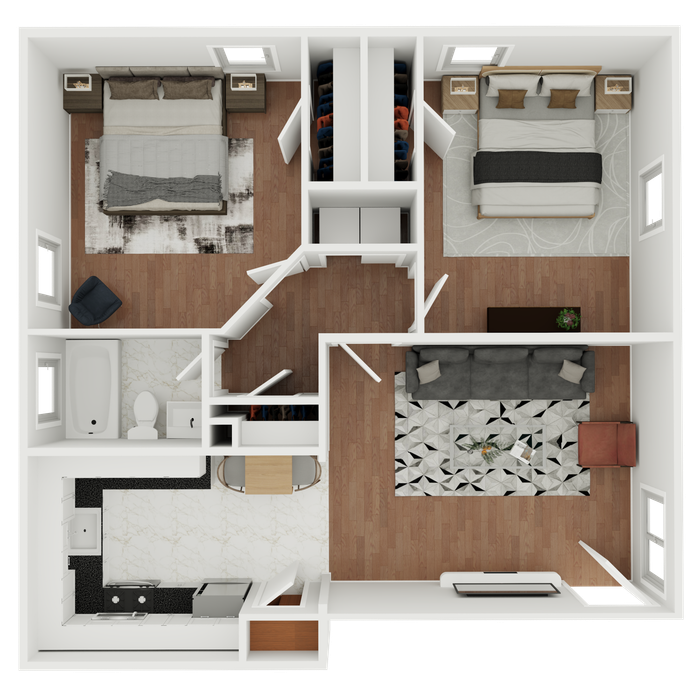 Contemporary 3D floor plan showcasing two elegant bedrooms, a modern open living area, a sleek kitchen, and a stylish bathroom with warm wood flooring throughout.