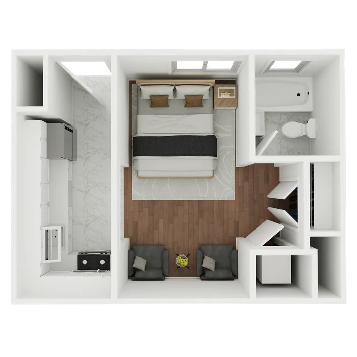 Chic apartment layout showcasing a cozy bedroom, modern kitchen, and an elegant bathroom, perfect for urban living.