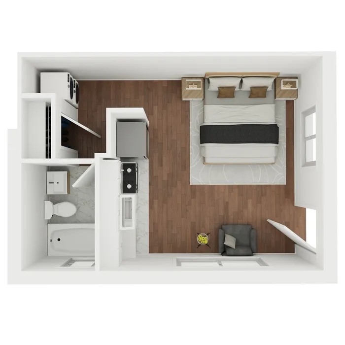 Chic studio apartment floor plan with a cozy bedroom area, modern kitchenette, and sleek bathroom, featuring elegant wood flooring and ample natural light.