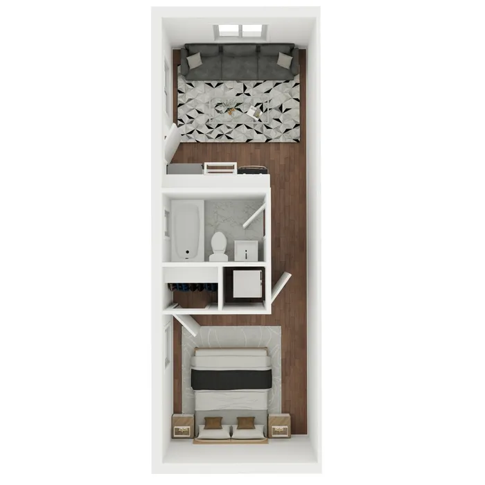 Modern 3D floor plan showcasing a cozy one-bedroom apartment, featuring a comfortable living area, stylish bathroom, and a spacious bedroom with elegant decor.