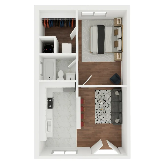 Chic 3D floor plan featuring a spacious bedroom, cozy living area, modern kitchen, and a well-appointed bathroom, all complemented by elegant hardwood flooring.