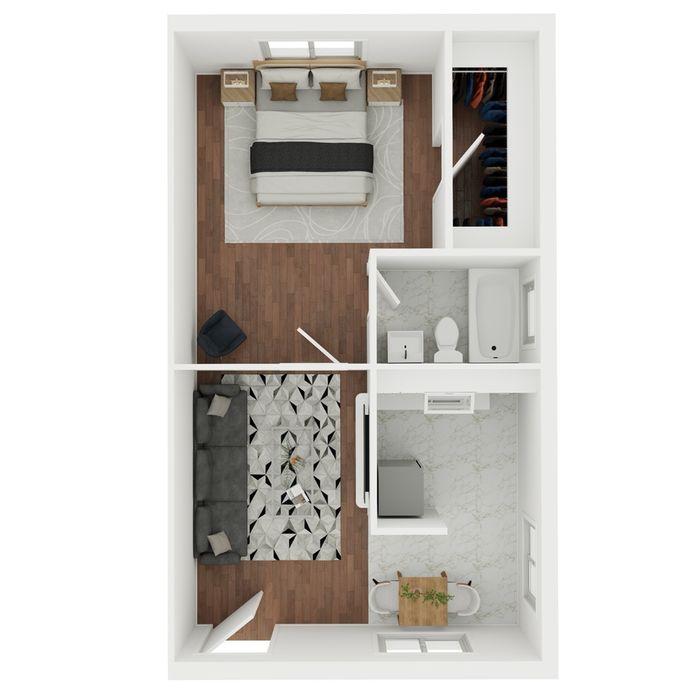 Chic floor plan showcasing a cozy 1-bedroom apartment with a modern living room, open-concept kitchen, and stylish bathroom.