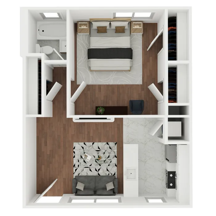 Chic open-concept apartment floor plan with a spacious bedroom, cozy living area, sleek kitchen, and modern bathroom.