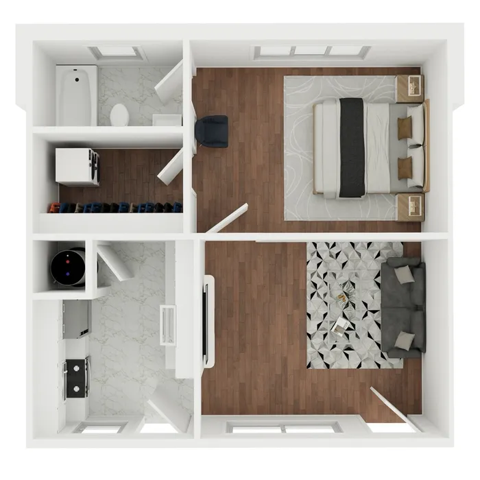 Modern 1-bedroom apartment floor plan featuring a cozy living area, stylish kitchen, and sleek bathroom, enhanced with elegant wood flooring.