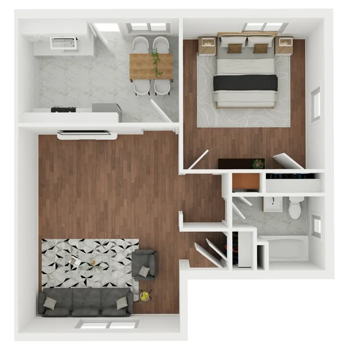Chic floor plan highlighting a cozy 1-bedroom apartment with an open-concept living and dining area, modern kitchen, and elegant wood flooring.