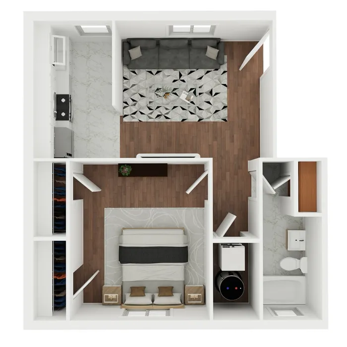 Modern 3D floor plan featuring a cozy bedroom, sleek kitchen with marble flooring, inviting living area with stylish rug, and a contemporary bathroom design.