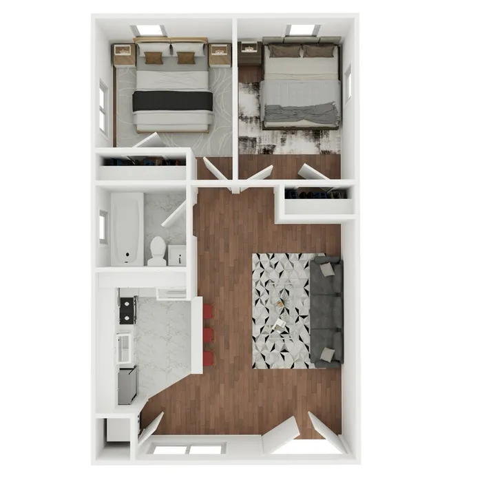 Modern 2D floor plan with 2 bedrooms, elegant wooden flooring, and a sleek open kitchen leading to a cozy living space.