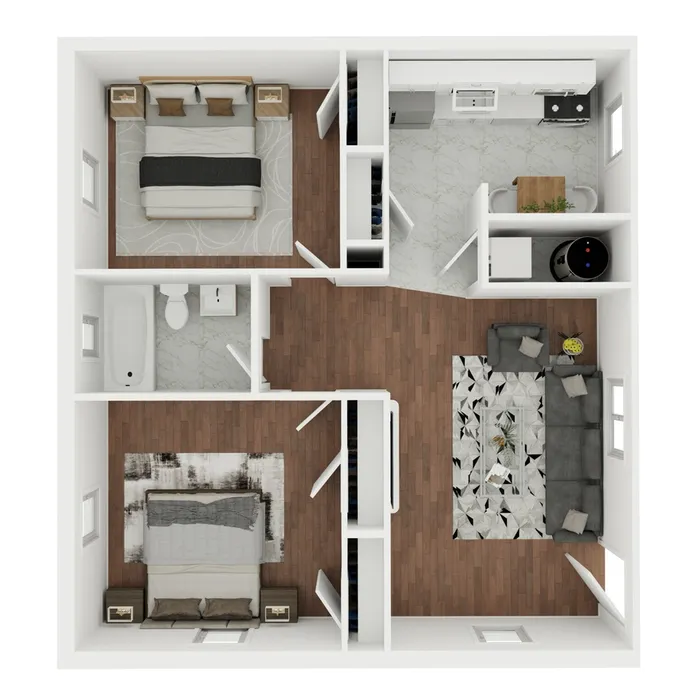 Inviting 3D floor plan featuring a modern 2-bedroom apartment with an open kitchen and cozy living room.