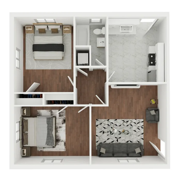 Modern floor plan with two spacious bedrooms, sleek kitchen, and cozy living area featuring elegant hardwood floors.