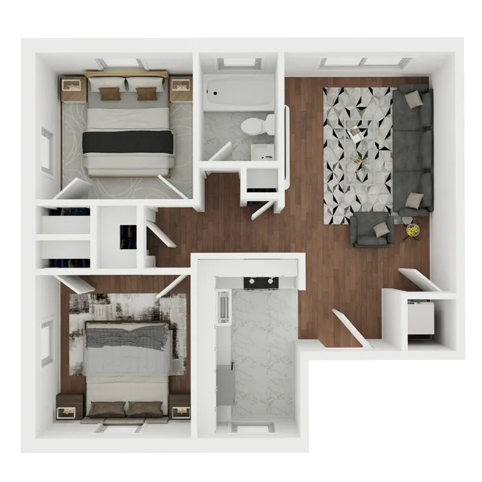 Elegant 2-bedroom apartment floor plan featuring a cozy living room, modern kitchen, and sleek bathroom with wood and tile flooring.