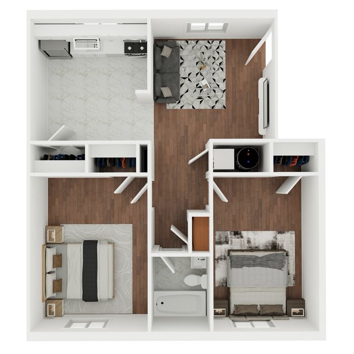 Chic 3D floor plan showcasing 2 cozy bedrooms, a modern kitchen, and inviting living space with wooden flooring.