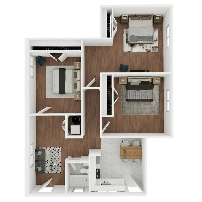 Chic 3D floor plan showcasing 3 spacious bedrooms, a cozy living area, and a modern kitchen with dining space.