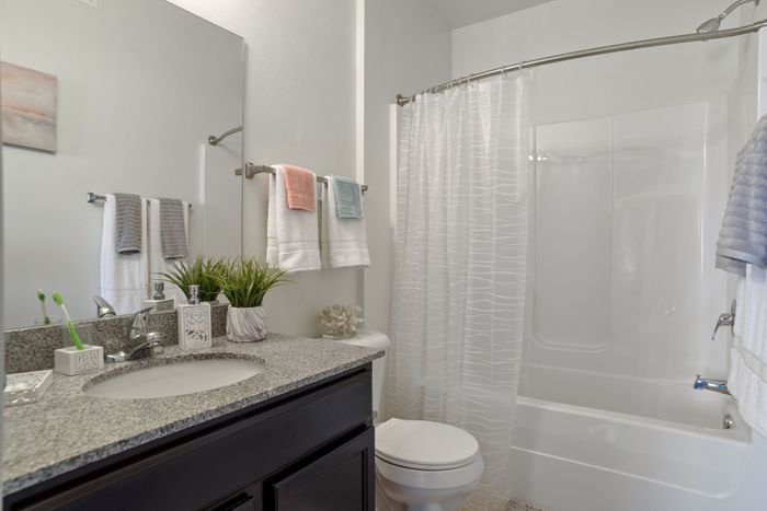 Modern bathroom design featuring a sleek granite countertop, polished fixtures, and tasteful decor for style and comfort.