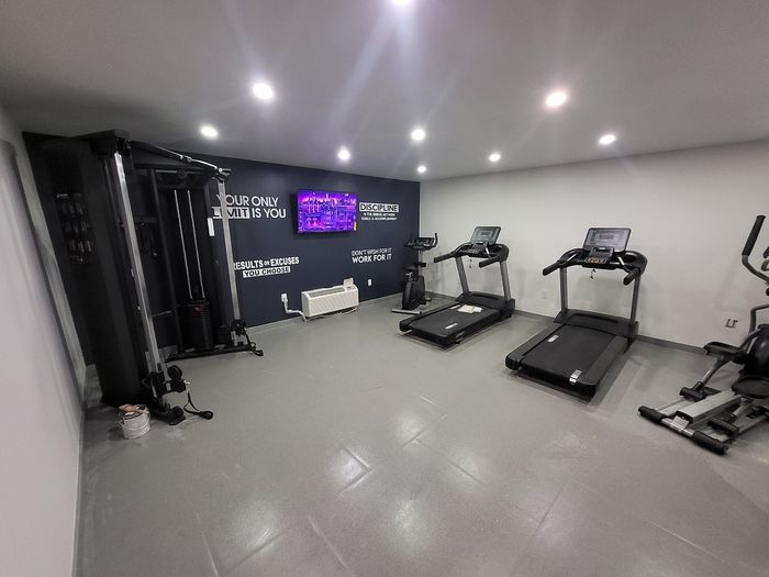 Modern gym facility featuring sleek treadmills and versatile weightlifting equipment, perfect for a dynamic workout experience.
