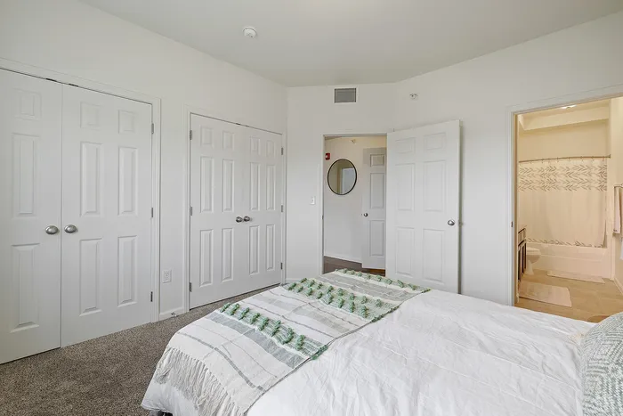 Bright bedroom with plush carpet, featuring dual closets and an ensuite bathroom with modern fixtures.