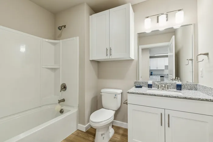 Modern bathroom with sleek white cabinetry, elegant granite countertop, and luxurious fixtures. Bright and inviting space with a pristine bathtub and stylish lighting.