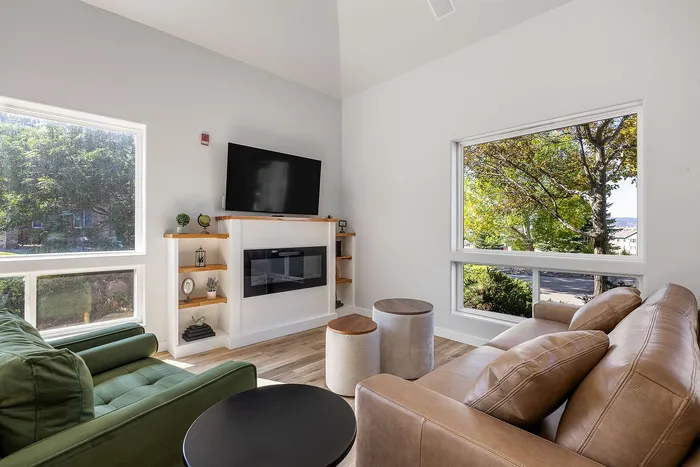Bright modern living room with large windows, stylish furniture, and a sleek fireplace, offering a cozy yet elegant atmosphere.