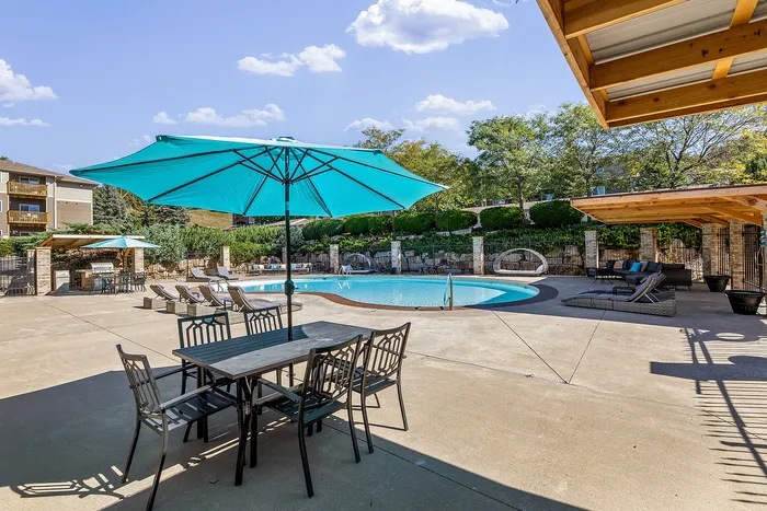 Inviting outdoor pool area with chic turquoise umbrellas, comfortable lounge chairs, and lush greenery providing a serene escape.