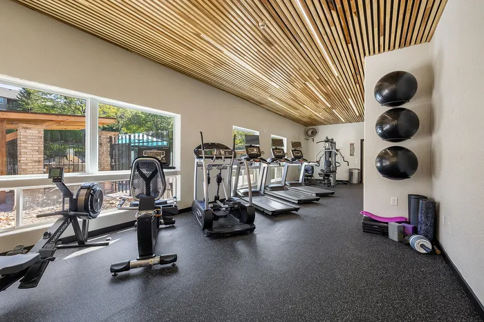 Bright and modern fitness center with state-of-the-art gym equipment, featuring treadmills, rowing machines, and exercise balls under stylish wooden ceiling.