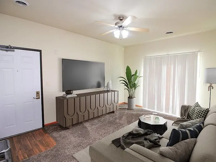 Inviting living room with cozy seating, modern TV setup, and abundant natural light from large window.