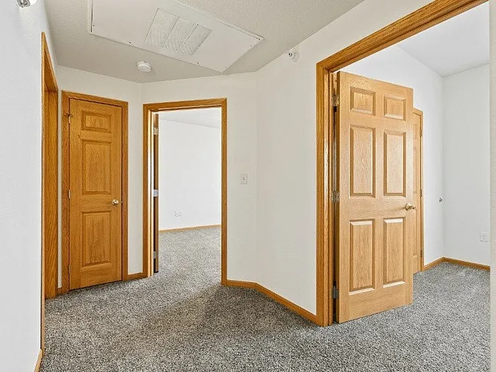 Inviting hallway of a modern apartment featuring rich wooden doors and plush carpeting.