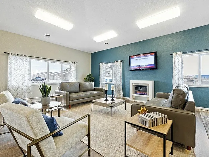 Bright and modern living room featuring stylish leather sofas, a cozy fireplace, and large windows letting in abundant natural light.