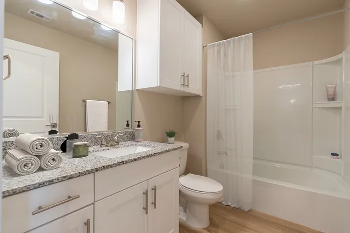 Contemporary bathroom with sleek granite countertop, elegant vanity lighting, and a cozy shower tub combo.