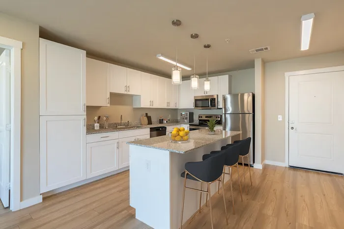 Contemporary kitchen with sleek white cabinetry, modern appliances, and a chic island with stylish seating.