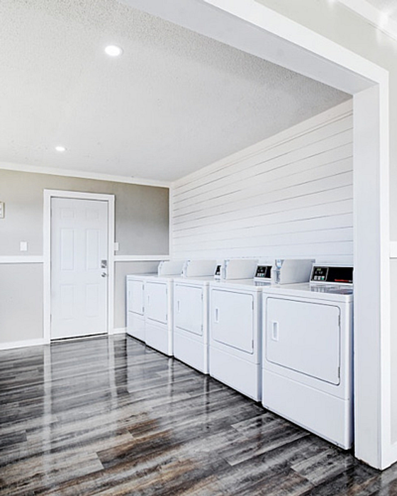 Modern laundry room featuring sleek white appliances, stylish wood flooring, and ambient natural lighting.