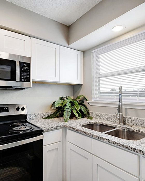 Modern kitchen with sleek granite countertops, stainless steel appliances, and a bright window overlooking the sink.
