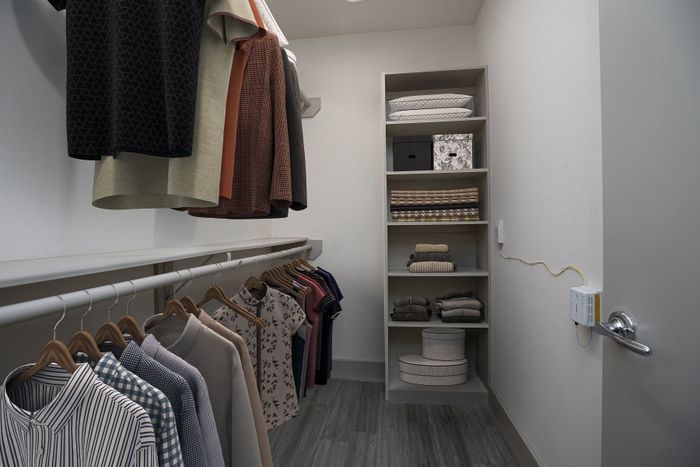 Elegant walk-in closet with hanging clothes, neatly arranged shelves, and stylish decor for a modern touch.