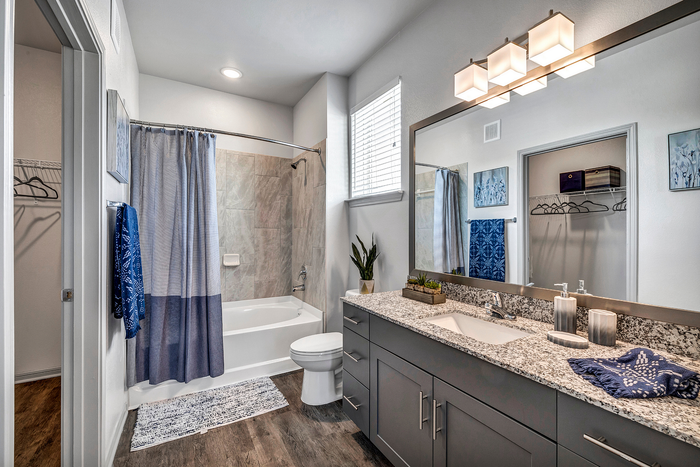 Elegant bathroom featuring a luxurious granite countertop, sleek modern fixtures, and ambient lighting above a spacious vanity. The inviting bathtub is complemented by chic tiled walls and a stylish shower curtain.