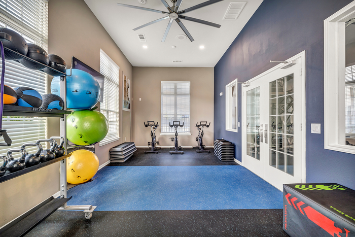 Modern fitness room with bright windows, featuring kettlebells, colorful exercise balls, and stationary bikes for an energetic workout environment.