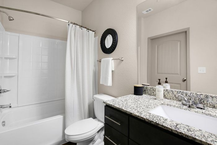 Modern bathroom with sleek granite countertops, elegant fixtures, and a spacious bathtub, featuring a bright, inviting ambiance.