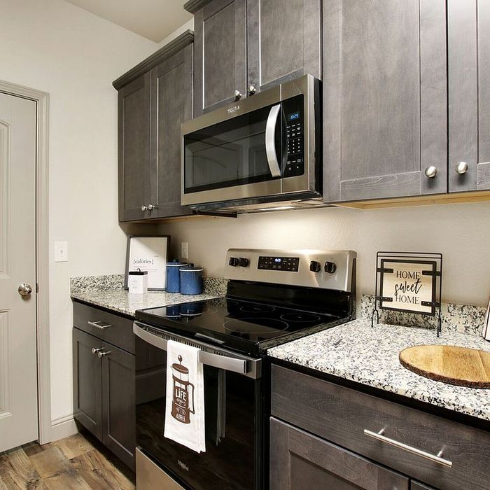 Chic modern kitchen with sleek granite countertops, stainless steel appliances, and stylish dark wood cabinetry.