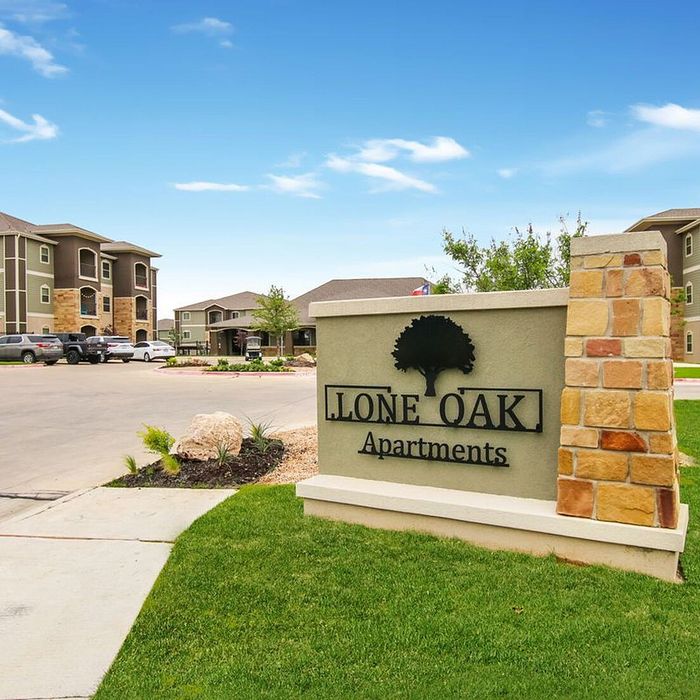 Inviting Lone Oak Apartments with charming stonework and lush greenery under a bright blue sky.