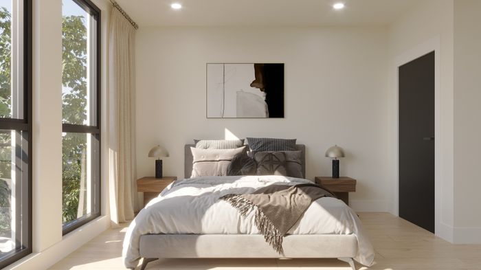 Bright and modern bedroom with large windows, cozy bed, and stylish decor.