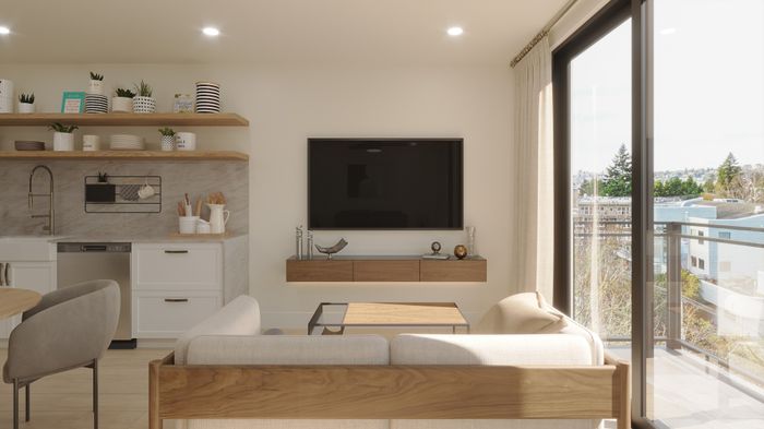 Bright and modern living space with elegant decor, featuring a sleek wall-mounted TV, stylish kitchen, and large windows offering stunning city views.