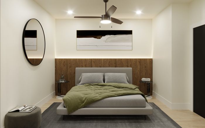 Elegant bedroom with modern decor, featuring a plush bed, contemporary ceiling fan, and artistic wall accent.