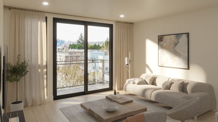 Bright and elegant living room with modern decor, large windows offering a stunning city view, and comfortable seating.