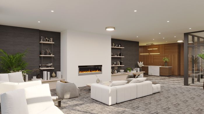Luxurious living room with modern fireplace, elegant shelving, and plush seating, offering a warm and sophisticated ambiance.