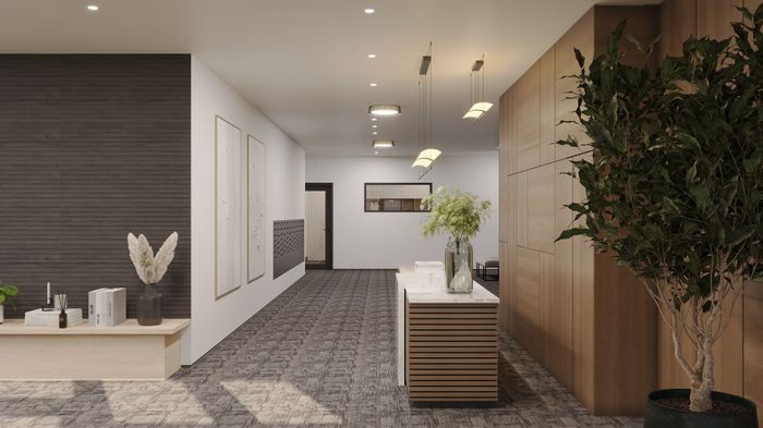 Elegant apartment hallway with modern lighting, stylish decor, and potted greenery enhancing the tranquil ambiance.