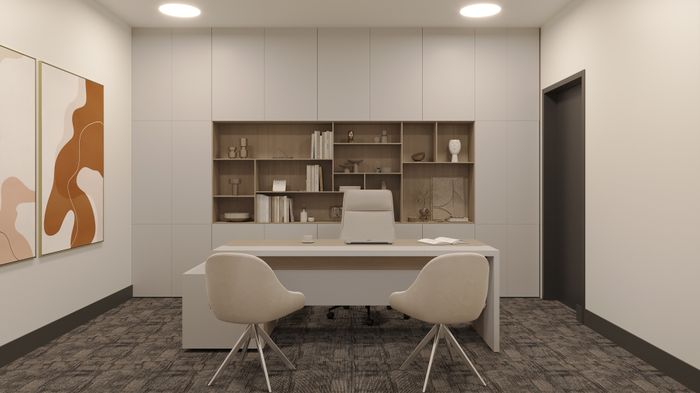 Elegant home office with sleek modern design, featuring a minimalist desk, comfortable chairs, and stylish built-in shelves for an inspiring workspace.