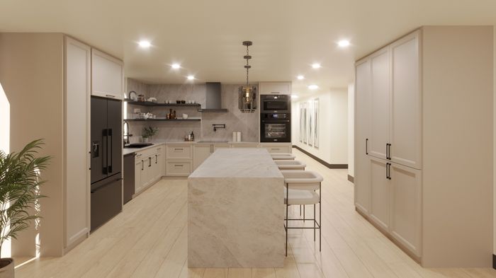 Modern kitchen design with sleek cabinetry, a marble island, and ambient lighting, perfect for culinary enthusiasts.