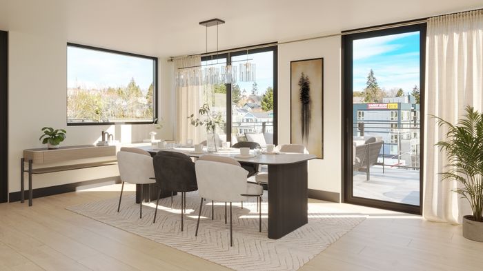 Bright and modern dining area with panoramic windows, elegant chandelier, and a glimpse of the balcony view.