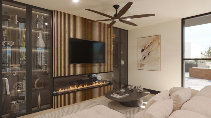 Luxurious modern living room featuring a sleek fireplace, mounted TV, elegant display cabinets, and a cozy beige sectional sofa.