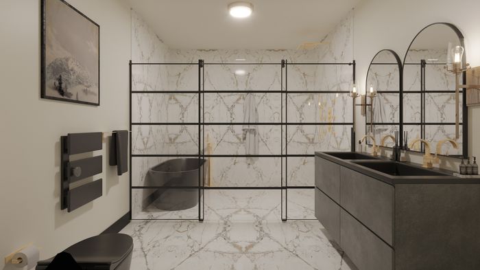 Luxurious bathroom with elegant marble flooring, modern black fixtures, and dual sinks, featuring stylish glass partition and soothing ambient lighting.